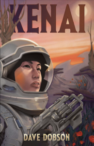 The cover of Kenai. A female figure wearing a space suit holding a gun.